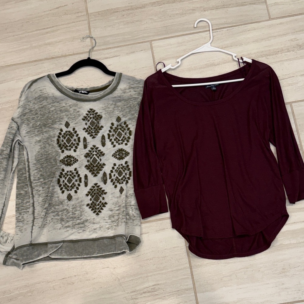 Gray and Burgundy Long Sleeve Tops